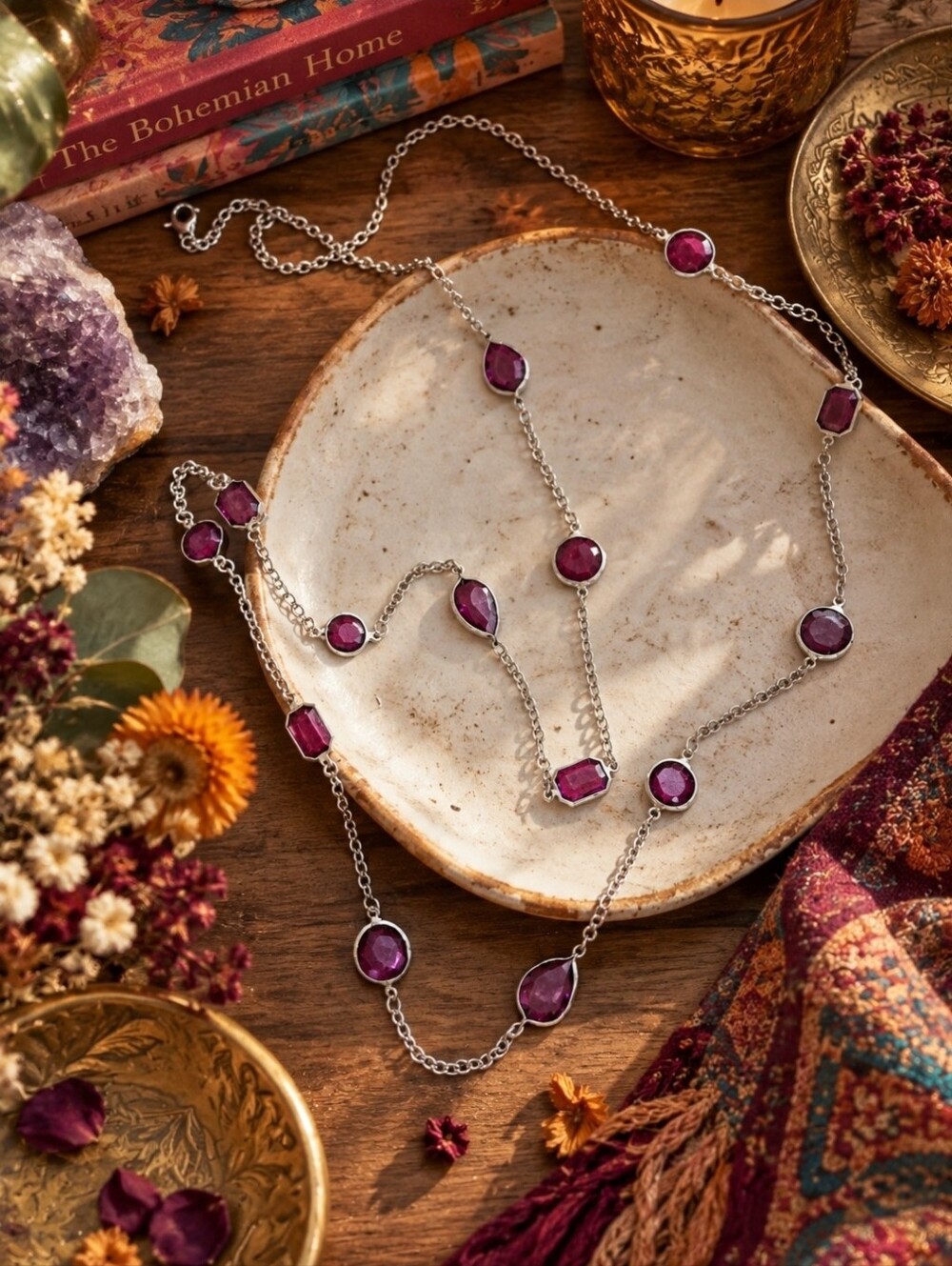 4/$15 Long Purple Faceted Statement Necklace 30” Silver Tone Boho Whimsigoth Y2K
